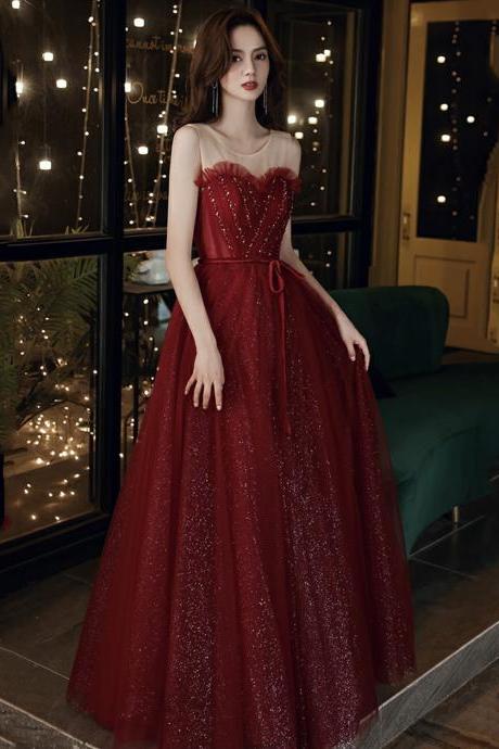 Burgundy Tulle Sequins Long Prom Dress A Line Evening Dress