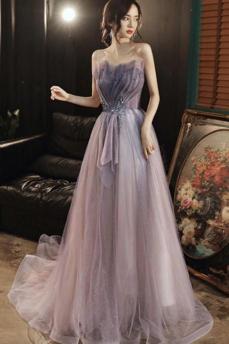 Purple Tulle Sequins Lon Gprom Dress A Line Evening Dress
