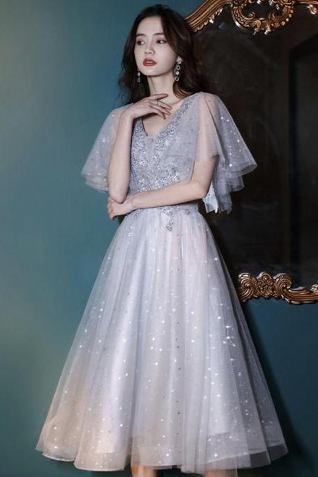 Gray Tulle Sequins A Line Prom Dress Homecoming Dress