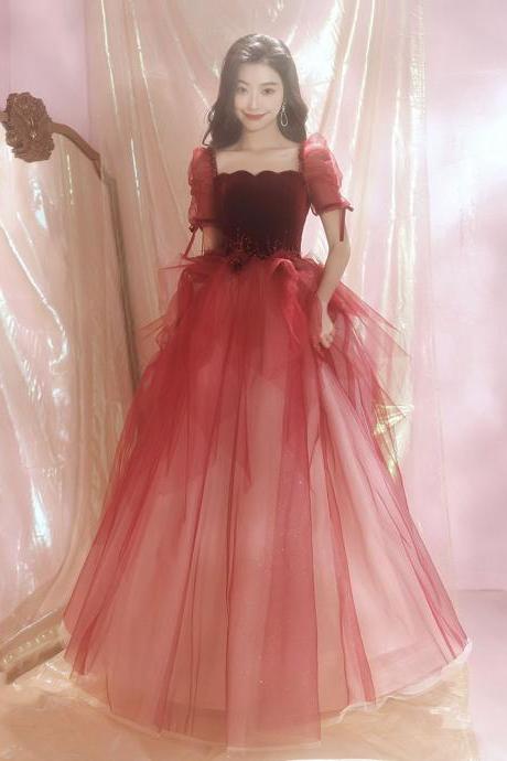 Burgundy Velvet Tulle Long Prom Dress A Line Evening Gown