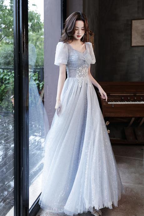 Cute Tulle Beads Long Prom Dress Blue Evening Dress