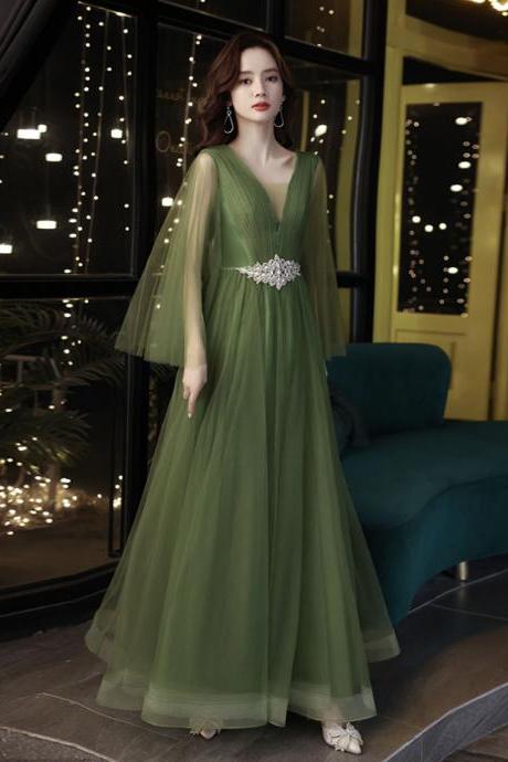 Green Tulle Beads Long Prom Dress Green Evening Dress