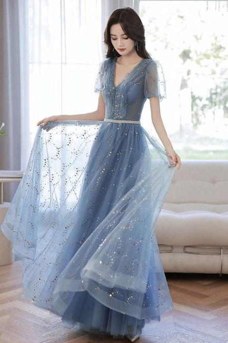 Blue Tulle Seqins Long Prom Dress A Line Evening Dress