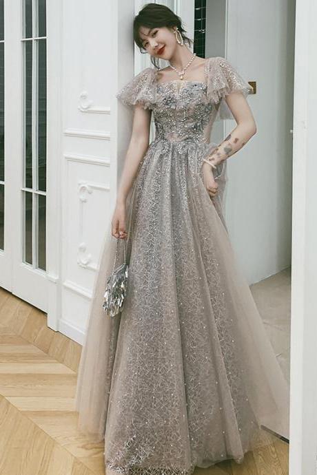 Gray Tulle Lace Long Prom Dress A Line Evening Dress