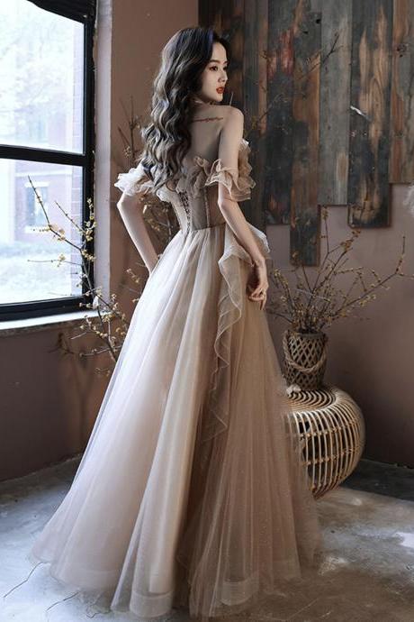 Cute Tulle Beads Long Prom Dress A Line Evening Gown