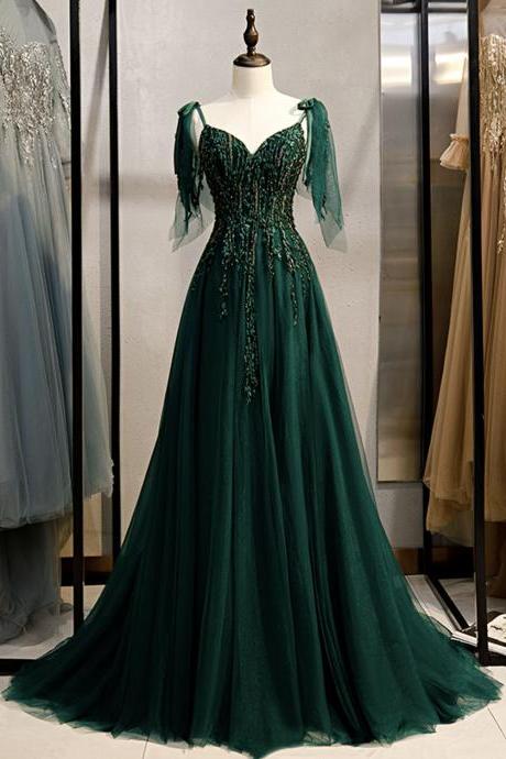 Green Tulle Lace Long Prom Dress A Line Evening Gown