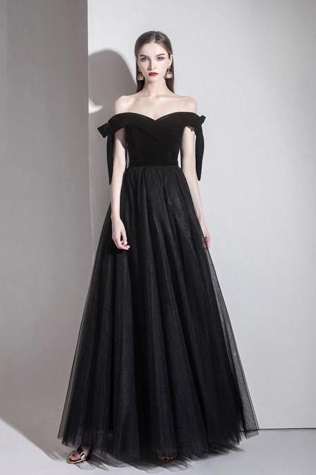 Black Velvet Tulle Long Prom Dress A Line Evening Dress