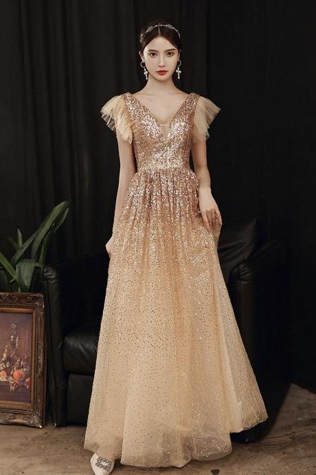 Gold Tule Sequins Long Prom Dress A Ine Evening Dress