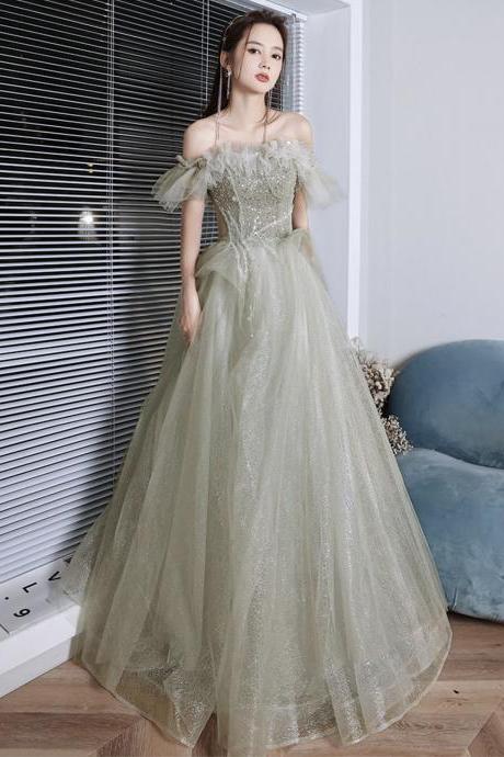 Green Tulle Beads Long Prom Dress A Line Evening Gown