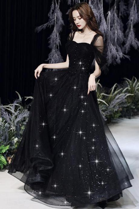 Black Tulle Sequins Long Prom Dress A Line Evening Dress