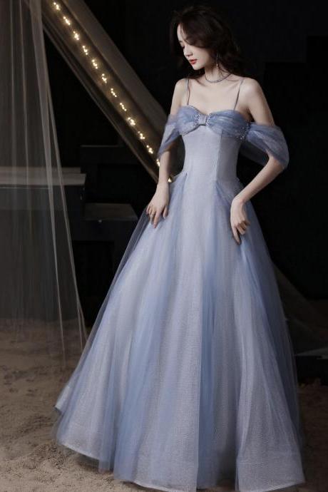 Blue tulle long prom dress A line evening dress