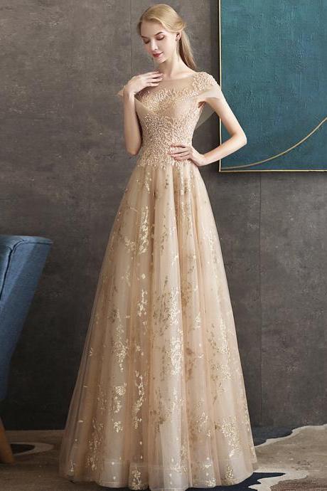 Champagne Tulle Sequins Long Prom Dress A Line Evening Dress