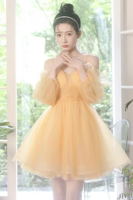 Yellow Tulle Lace Short Prom Dress A Line Evening Dress