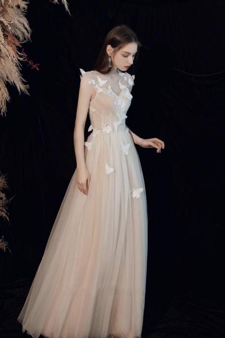 Champagne Tulle Lace Long Prom Dress A Line Evening Dress