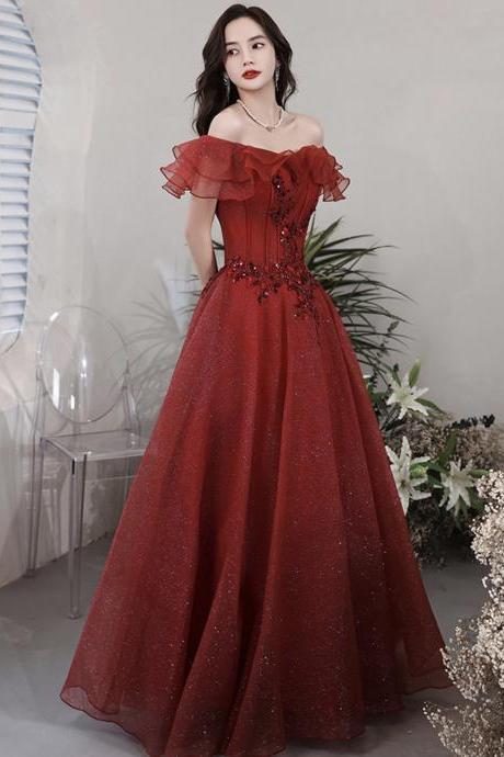 Burgundy Tulle Sequins Long Prom Dress A Line Evening Dress