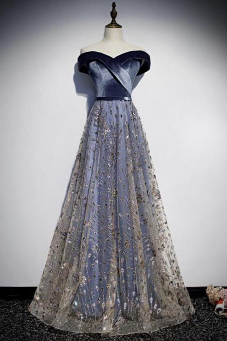 Blue Velvet Sequins Long Prom Dress A Line Evening Dress