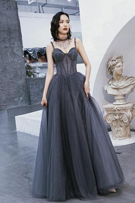 Gray tulle beads long prom dress A line evening dress
