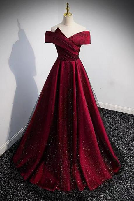 Burgundy Satin Tulle Long Prom Dress A Line Evening Gown