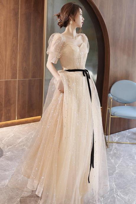 Champagne tulle long prom dress A line evening dress