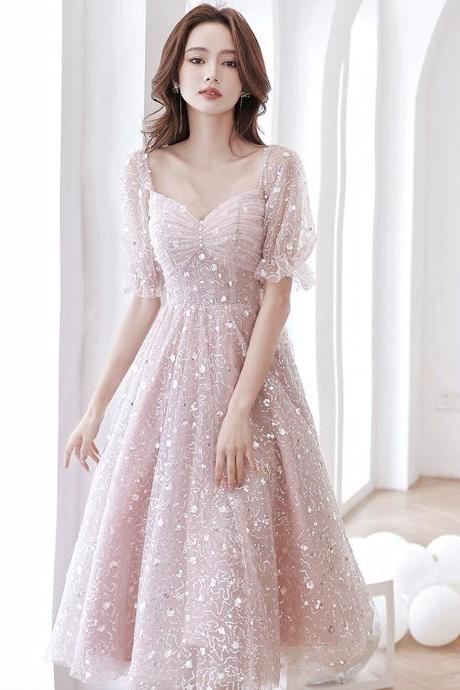 Pink tulle sequins short prom dress homecoming dress