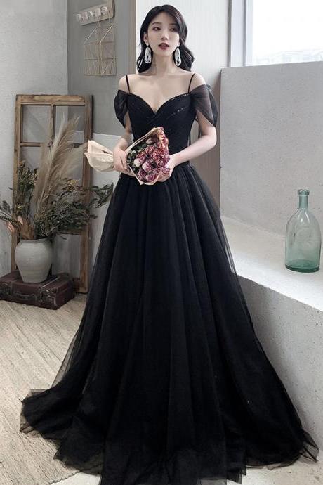 Black V-neck tulle long prom dress black evening dress