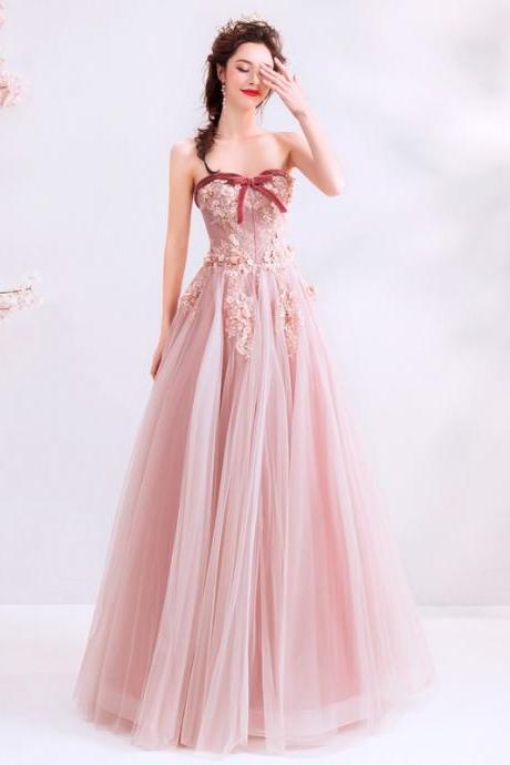 Pink tulle lace long prom dress pink evening dress