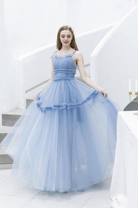 Blue tulle long prom dress A-line evening dress