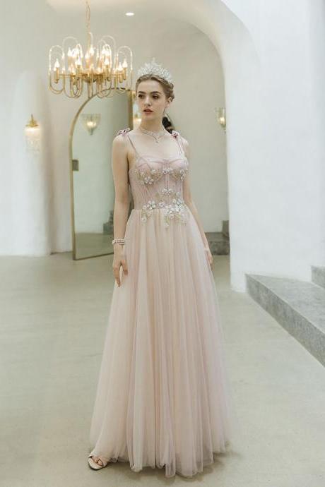 Pink tulle lace long prom dress A-line evening dress
