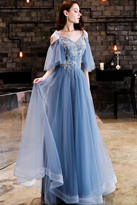 Blue tulle lace long prom dress A-line evening dress
