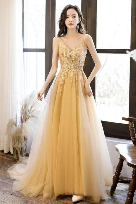 Yellow V-neck lace long prom dress A-line evening dress