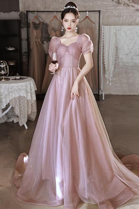 Pink tulle sequins long prom dress pink evening dress