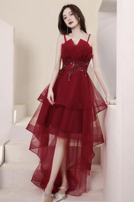 Burgundy Lace High Low Prom Dresses, A- Line Evening Dresses