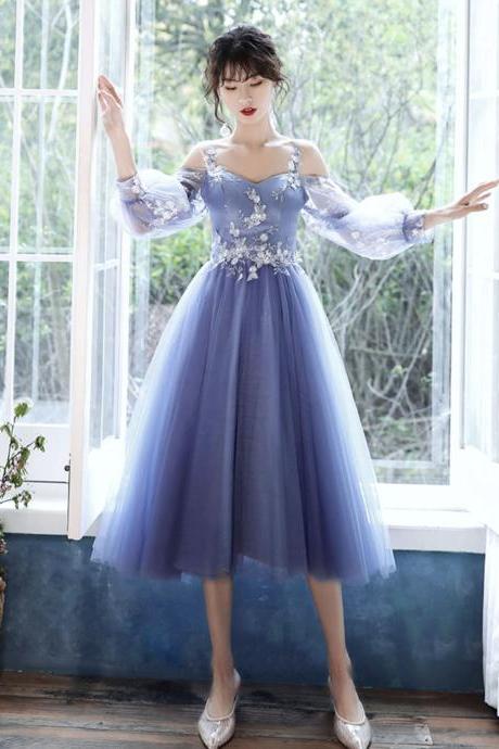 Blue Lace Long Sleeve Prom Dresses, A-line Evening Party Dresses