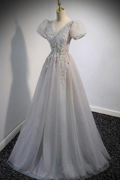 Grey V-neck Tulle Long Prom Dresses, A-line Evening Dresses With Beading
