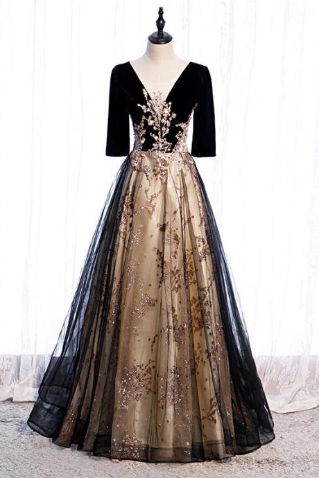 Elegant Velvet Tulle Long Prom Dresses, A-line Formal Eevening Dresses