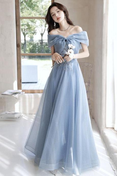 Blue Tulle Long A-line Prom Dresses, Off The Shoulder Evening Dresses