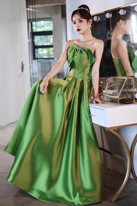 Green Strapless Satin Long Prom Dresses, A-line Evening Dresses With Bow