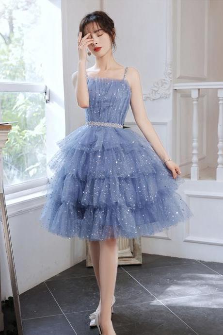 Lovely Blue Spaghetti Strap Short Prom Dress, Blue A-line Party Dress