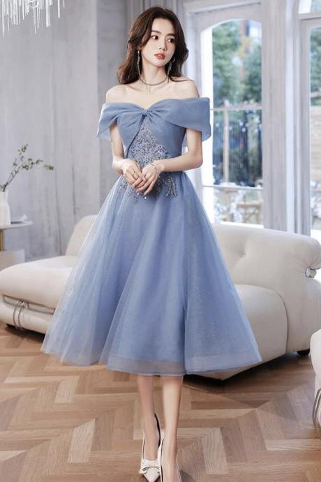 Lovely Blue Short Prom Dress, Blue A-line Party Dress With Beading