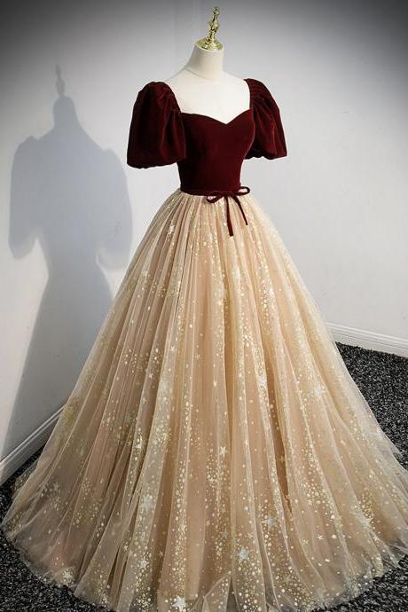 Burgundy Velvet Tulle Long Prom Dress, A-line Short Sleeve Evening Dress