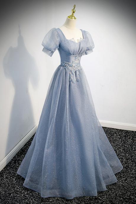 Blue Tulle Beaded Long Prom Dress, Cute A-line Evening Party Dress