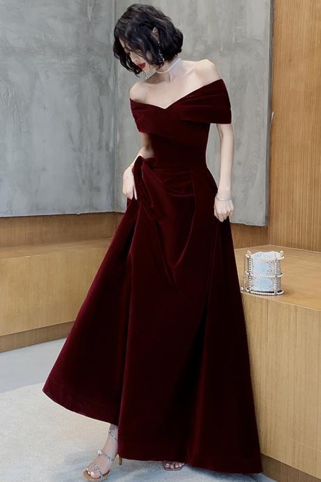 Beautiful Dark Red Velvet Off Shoulder Prom Dress, A-line Long Prom Dress