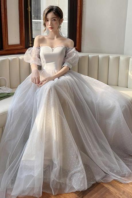 Gray Strapless Tulle Long Prom Dress, Lovely A-line Evening Dress