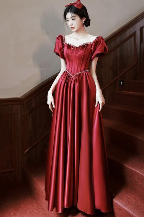 Burgundy Satin Long A-line Prom Dress, Burgundy Evening Dress