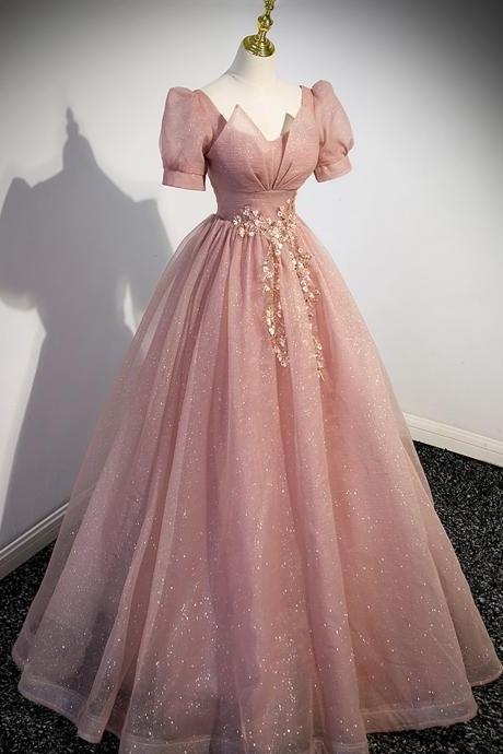 Pink Tulle Floor Length Prom Dress With Short Sleeve, Beautiful A-line Evening Dress