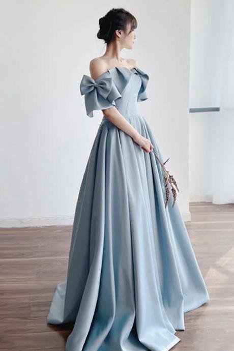 Blue Satin Long Prom Dress, Off Shoulder Evening Dress, Party Dress