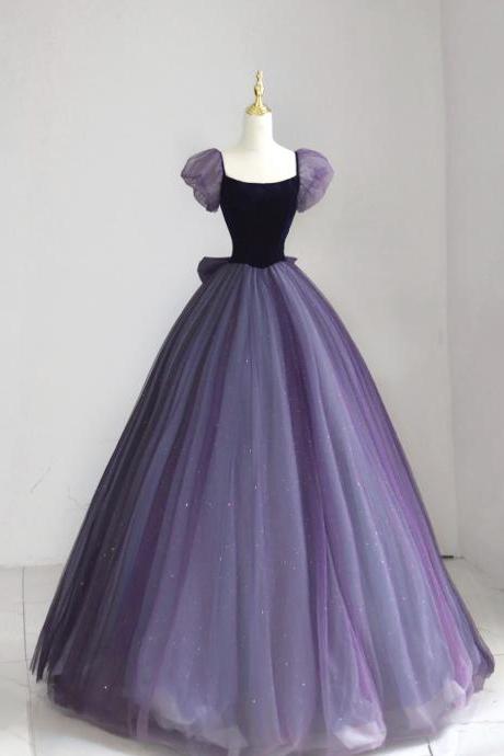 Purple Velvet Tulle Long Prom Dress, Beautiful A-line Evening With Bow