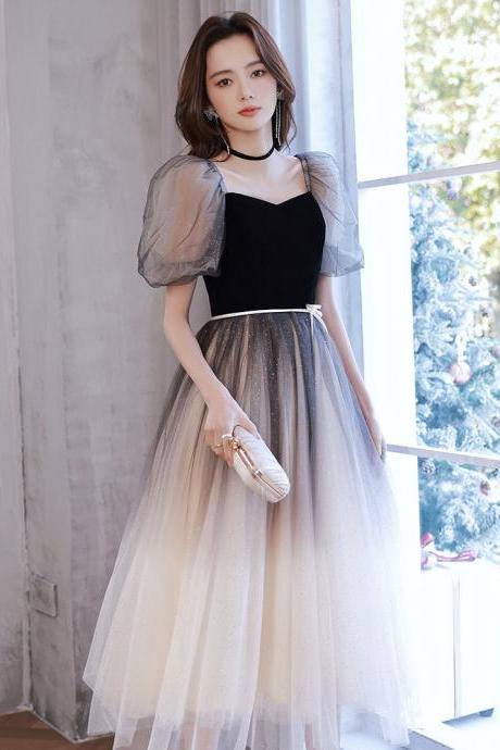 Black Tulle Short Prom Dress, Cute Short Sleeve Evening Dress