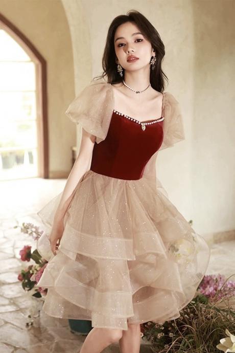 Cute Tulle Velvet Formal Dress, A-line Short Sleeves Short Prom Dress