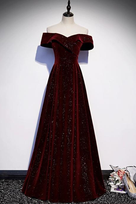 Burgundy Velvet Long Prom Dress, Off The Shoulder Evening Dress